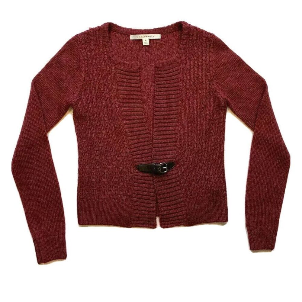 NEW Max Studio Wool Alpaca Blend Buckle Open Front Cardigan Sweater Chunky M